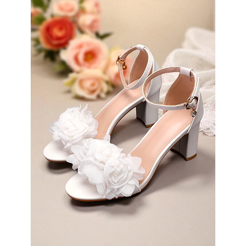 Women's White Flower-Embellished Block Heel Sandals - Comfortable Wedding Shoes with Ankle Strap, Bridal Footwear, Perfect for Weddings and Special Occasions
