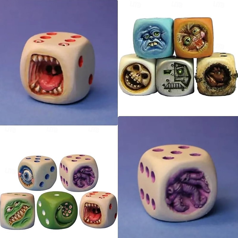 5 pcs Monster Dice, Funy Monster Face Resin Dice Set, Halloween Tabletop Game Dice Set Props, Weird Monster Dice Set for Table Games, Role Playing Games, Offices Home Party Game Props Gift