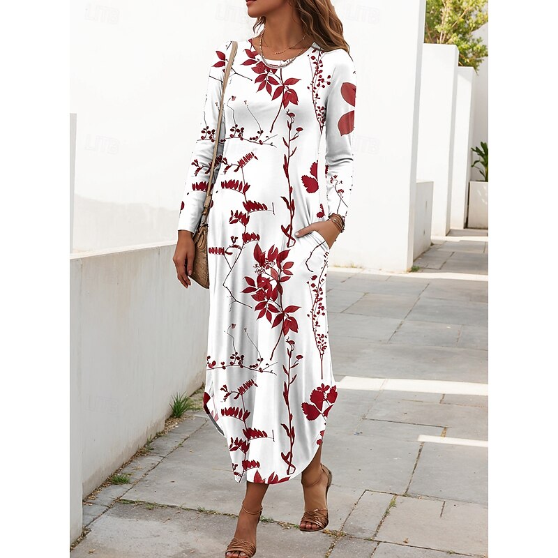 Women's Maxi Dress Sheath Dress T Shirt Dress Tee Dress Vacation Casual Daily Regular Fit Floral Graphic Long Sleeve Crew Neck Red Blue Purple Green Summer Spring Fall3