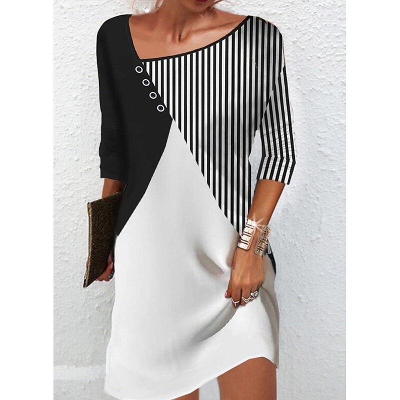 Women's Mini Dress Sheath Dress Shift Dress Casual Boho Daily Date Regular Fit Graphic Striped Long Sleeve Notched Neck White Blue