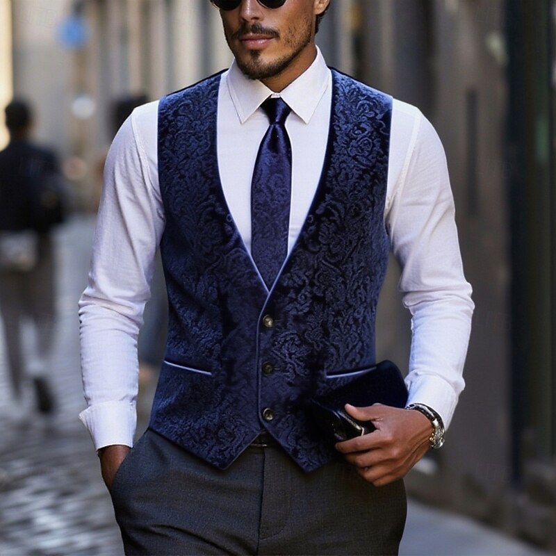 Men's Vest Waistcoat Formal Performance Wedding Spring Fall Adjustable Paisley Single Breasted V Neck Black Blue Vest