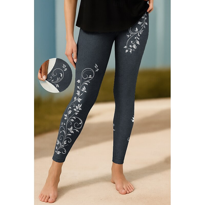 Women's Leggings Vacation Vintage Ethnic Style Ankle-Length High Waist Floral Graphic 3D Print Quick Dry Breathability Soft Stretchy Outdoor Home Causal Black Navy Blue Blue Sky Blue Fall Slim Fit4