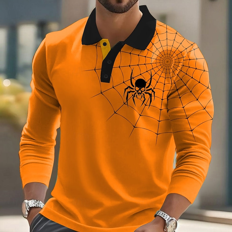 Halloween Men's Animal Spider web Polo Long Sleeve Polo Shirts Lapel Casual Street Athleisure Daily Wear 3D Print Buttons Spring Fall Winter Red Orange Green