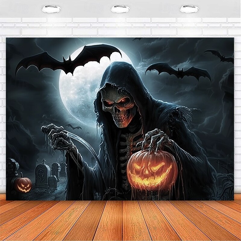 Halloween Grim Reaper Tapestry – Scary Skeleton with Jack-O'-Lantern, Spooky Graveyard Full Moon Wall Art Backdrop, Large Hanging Mural Blanket for 2025 Halloween decoration