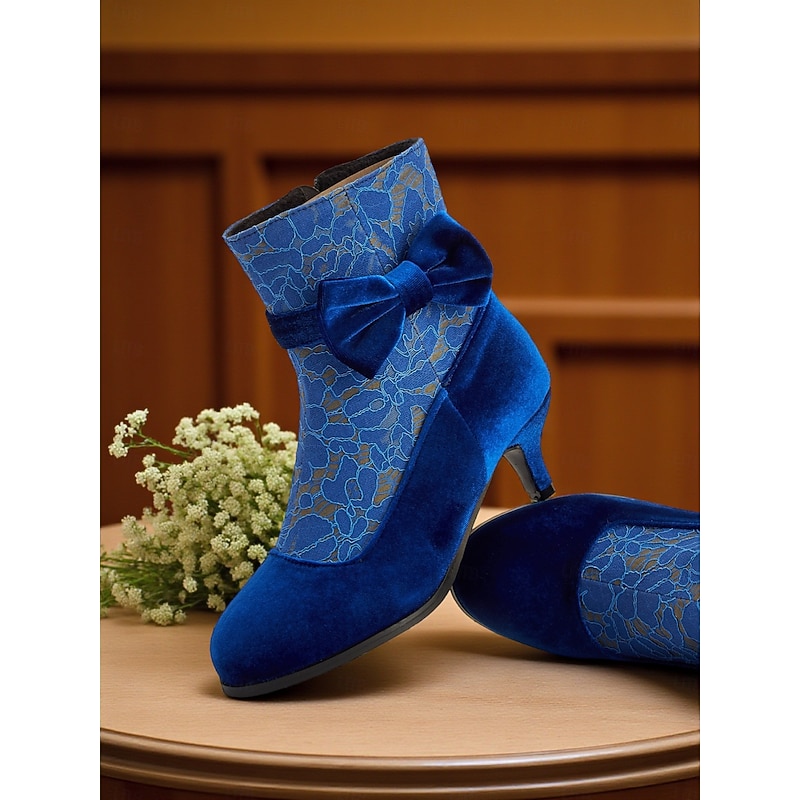 Women's Blue Velvet Ankle Boots with Bow - 1900s Edwardian Vintage Lace Booties for Victorian-Themed Parties,Retro Events,or Elegant Daily Outfits3
