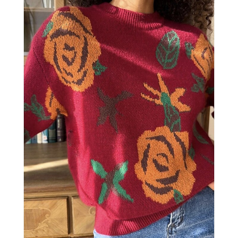 Women's Sweater Pullover Casual Floral Ribbed Crew Neck Knitted Print Long Sleeve Regular Tops Knit Christmas Daily Holiday White Wine Winter4
