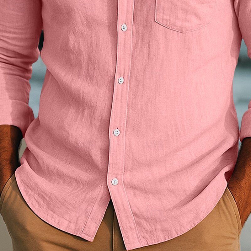 Men's Shirt Linen Shirt Plain Vacation Casual Pink Navy Blue Green Gray Long Sleeve Turndown Summer Spring Clothing Apparel Pocket3