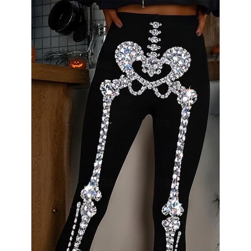 Women's Leggings Vacation Vintage Fashion Full Length High WaistPantsHalloween Graphic Skull Halloween Printing Soft Breathable High Elasticity Outdoor Vacation Street Black and White Black Spring2