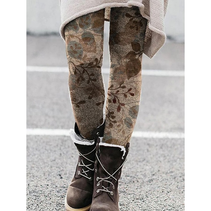 Women's Pants Trousers Leggings Cozy Leggings Streetwear Casual Full Length High Waist Floral Elastic Waist Print Breathability Comfortable Stretchy Vacation Street Daily Wear Khaki Summer Spring Fall