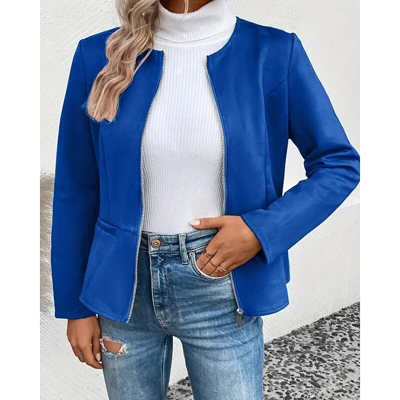 Women's Faux Leather Jacket Casual Jacket Warm Comfortable Zipper Pocket Fashion Plain Outdoor Street Going out Casual Daily Zipper Regular Crewneck Regular Fit Long Sleeve Outerwear Black Blue Dark4