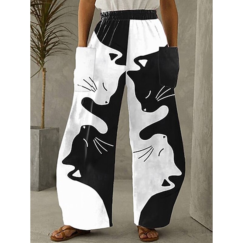 Women's Wide Leg Chinos Vintage Casual Full Length High Waist Graphic Abstract Elastic Waistband Inelastic Causal Casual Daily Grey White Blue Brown Summer Spring Loose Fit