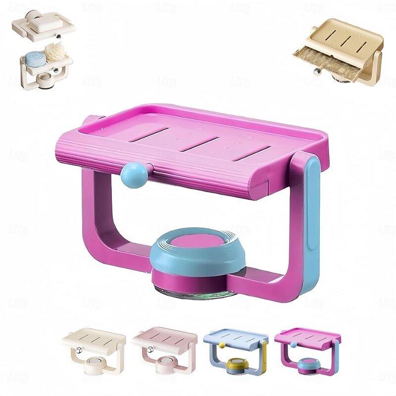 Wall-Mounted Suction Cup Rotating Soap Dish with Drainage Non-Drilling Sponge and Soaps Rack Organizer Perfect for Shower, Bathroom, Tub and Kitchen Sink3