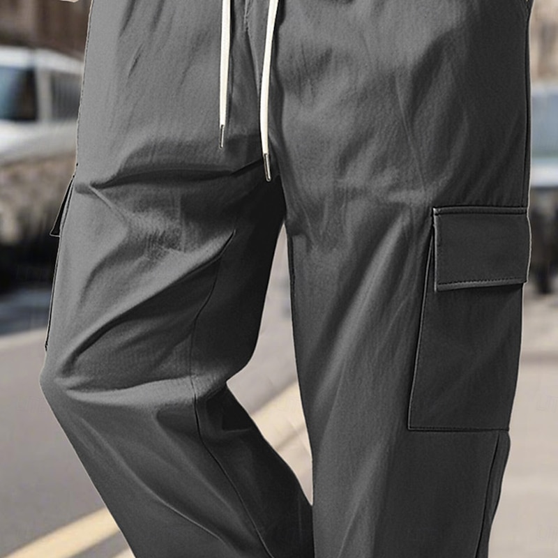 Men's Cargo Pants Shorts Drawstring Pocket Multi Pocket Solid Color Windproof Wearable Full Length Outdoor Vacation Daily Vacation Streetwear Black White Inelastic2