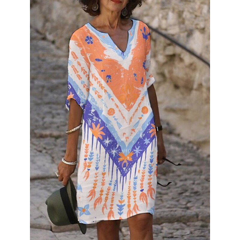 Women's Midi Dress Casual Dress Print Dress Fashion Modern Daily Beach Weekend Regular Fit Graphic 3/4 Length Sleeve Crew Neck Yellow Orange Summer Spring Fall Autumn3