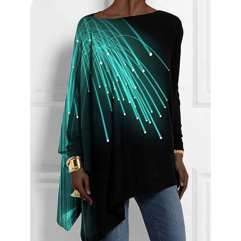 Women's T shirt Long Sleeve Graphic Striped Abstract Vintage Stylish Classic Long Sleeve Crew Neck Regular Tops Daily Weekend Print Asymmetrical Purple Green Spring Fall Prefall