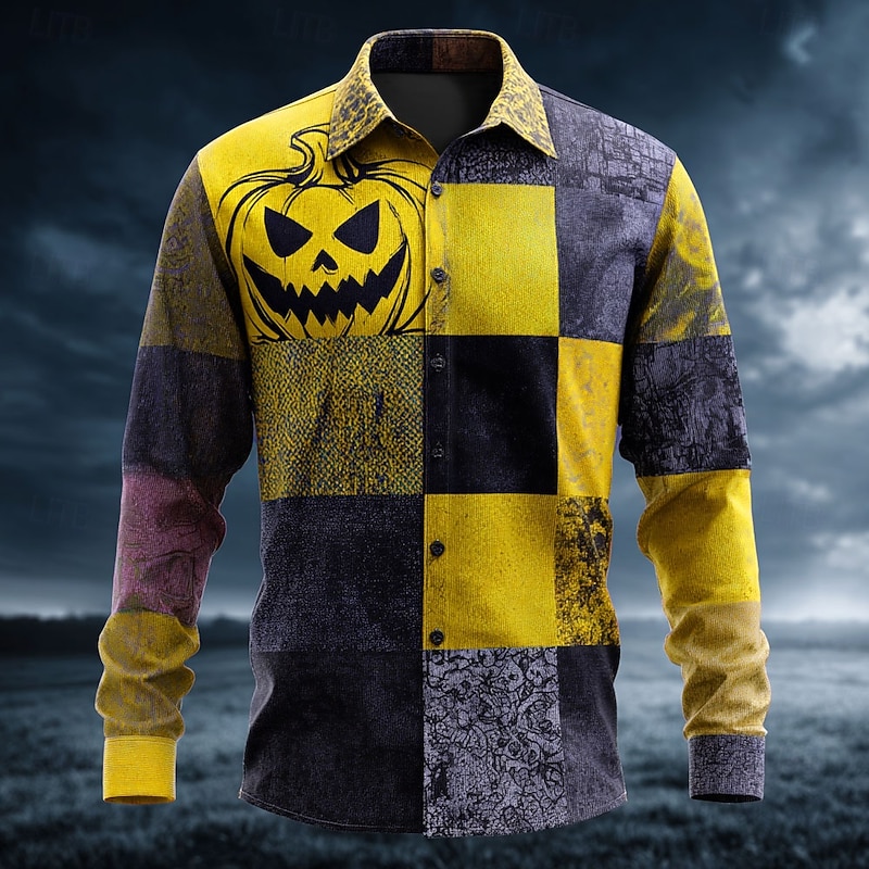 Halloween Men's Color Block Pumpkin Patchwork Shirt Button Up Shirt Long Sleeve Dark Gothic Style Holiday Streetwear Summer Spring Turndown 3D Print Collared Shirts Yellow Blue Orange Green4