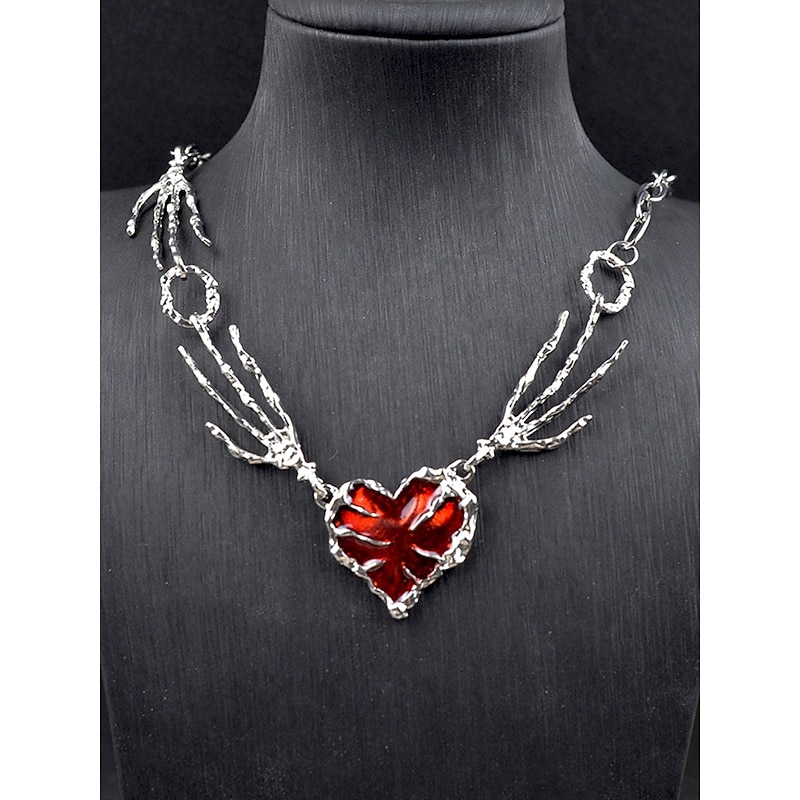 Women's Halloween Skeleton Hand Heart Necklace, Gothic Punk Red Gem Pendant Chain Jewelry for Costume Parties and Cosplay3