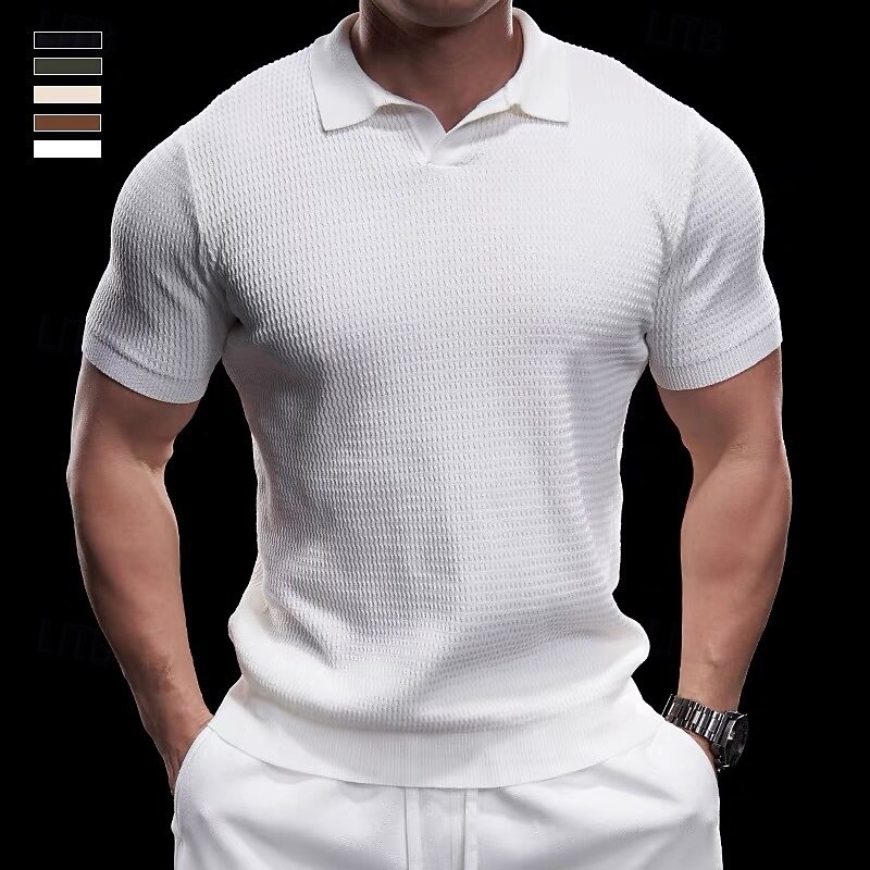 Men's Knit Polo Sweater Golf Shirt Business Casual V Neck Classic Short Sleeve Fashion Textured Novelty Summer Spring Fall Dark Brown Army Green Black White Beige Knit Polo Sweater - Main Image