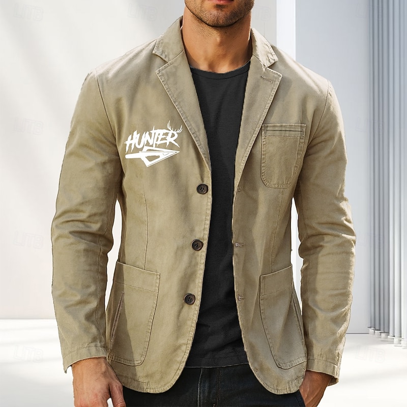 Men's Letter Printed Hunting Blazer Cotton Suit Jacket Suits Coat Casual Outdoor Dailywear Multiple Pockets Three Button Stripe Lined Suit Jacket Fall Winter Notch lapel collar Long Sleeve Black2