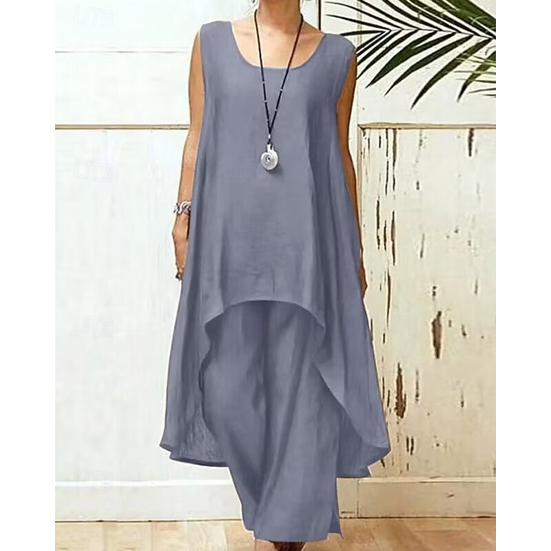 Women's Fashion Blouse Pants Sets Sleeveless Crew Neck Solid Color Vacation Casual Daily Black Sky Blue Purple Summer Regular Fit2