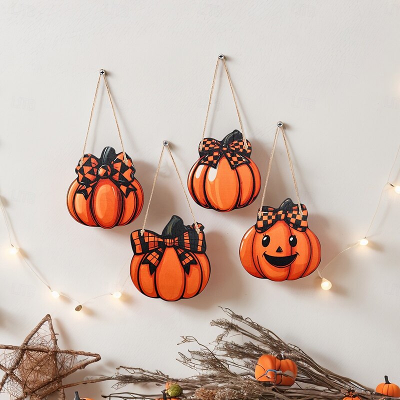 4PCS Wooden Smiling Pumpkin Decorative Hanging Ornaments Suitable for Halloween and Autumn Party Decoration Wall Decoration Door and Window Decoration Applicable Both Indoors and Outdoors4