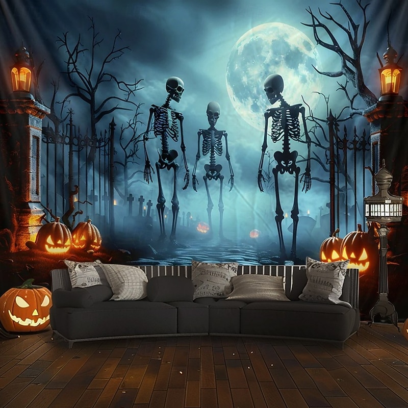 Halloween Skeleton Tapestry – Spooky Graveyard Moonlight Wall Art Backdrop with Jack-O'-Lanterns, Large Hanging Mural Blanket Curtain for Home Bedroom Living Room Decoration2