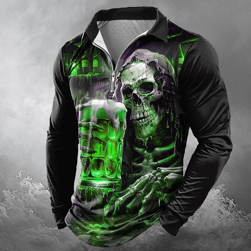 Day of the Dead Men's Skull Oktoberfest Beer Zip Polo Shirts Long Sleeve Polo Shirts Lapel Casual Horror Dark Outdoor Festival Outfit 3D Print Spring Fall Winter Black Red Blue3