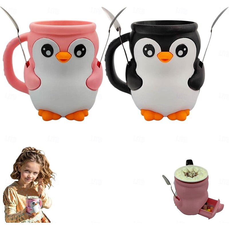 Cute Penguin Ice Cream Pint Holders Leak-Proof Reusable PET Plastic Cup Cozy with Ergonomic Grip Dishwasher-Safe Design for Popsicles, Ice Cream & Cold Treats