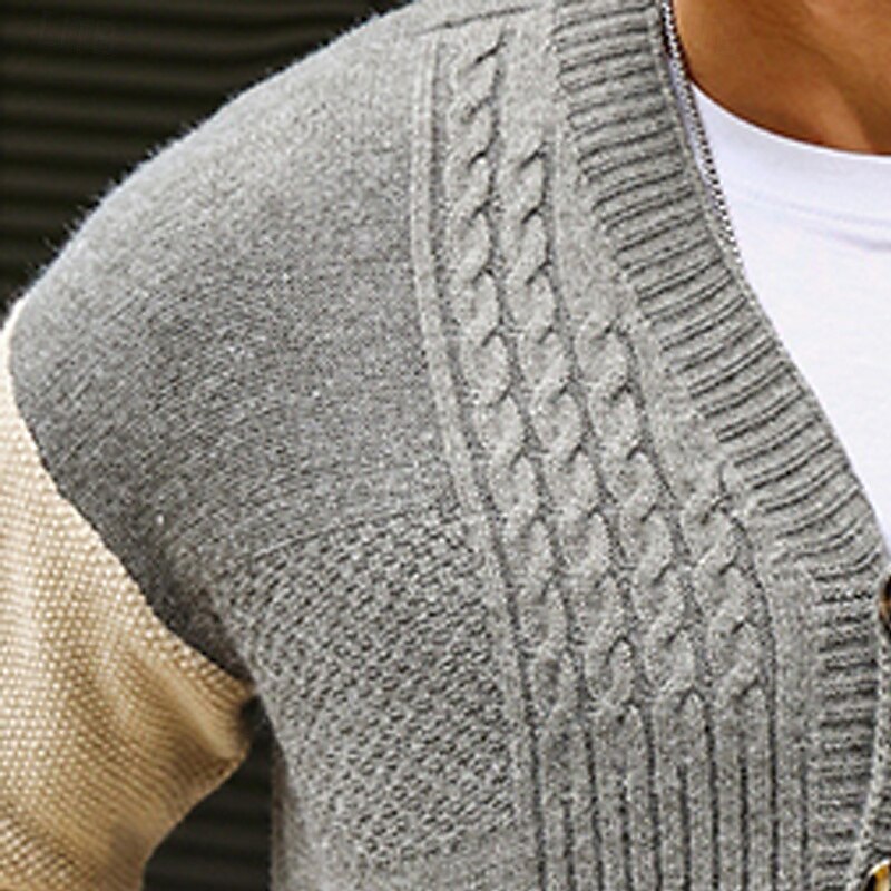 Men's Sweater Dress Sweater Cardigan Sweater Knit Sweater Ribbed Cable Knit Short Patchwork Knitted Plain V Neck Fashion Shawls Casual Daily Wear Clothing Apparel Fall Winter Light Grey M L XL2