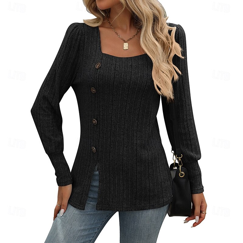 Women's Blouse Solid Color Elegant Vintage Daily Long Sleeve Square Neck Regular Tops Work Daily Holiday Buttons Asymmetric Light Blue claret Black Light Purple Army Green Spring Fall Winter2
