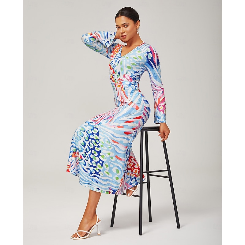 Women's Watercolor Leopard Print Bodycon Maxi Dress V Neck Flare Sleeve Stretch Fabric Wrap Style Elegant Stylish Casual Bold Print Daily Work Fall2