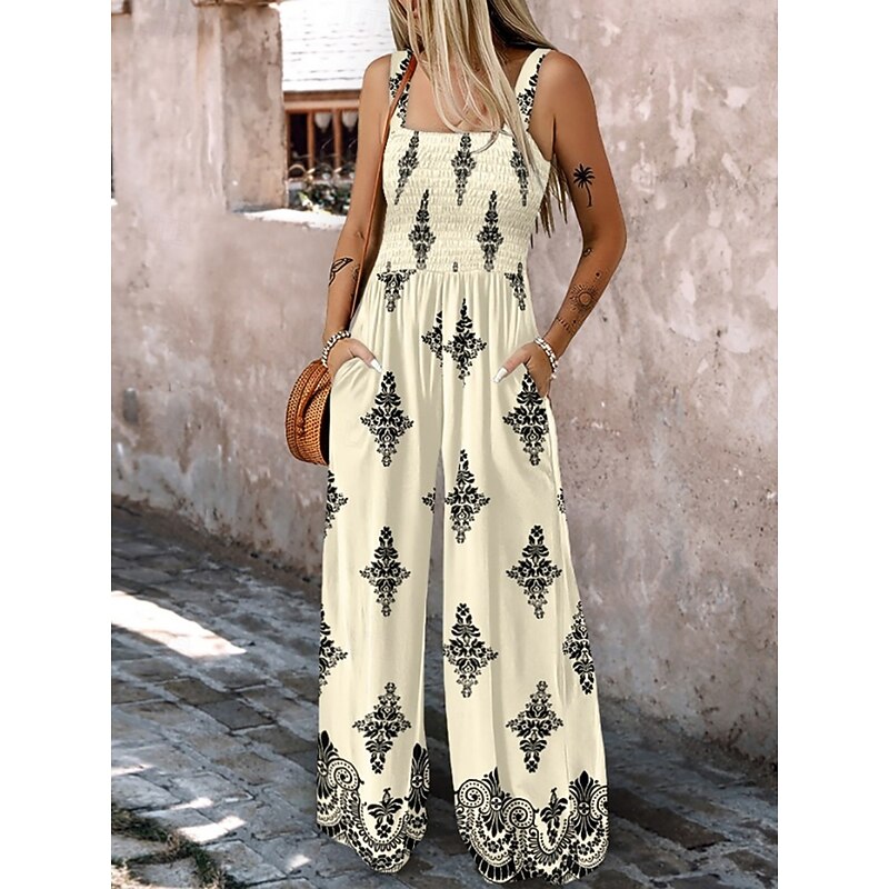 Women's Normal Jumpsuit Active Floral Sleeveless Square Neck Pocket High Waist Vacation Daily Regular Fit Black Blue Fuchsia Summer3