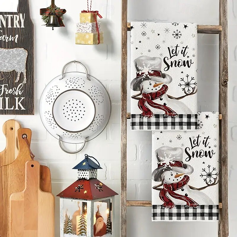 2pcs Christmas Buffalo Check Snowman Kitchen Towels – Seasonal Christmas Dish Towels, Hand Towels, Tea Towels for Winter Holiday and Home Decor3