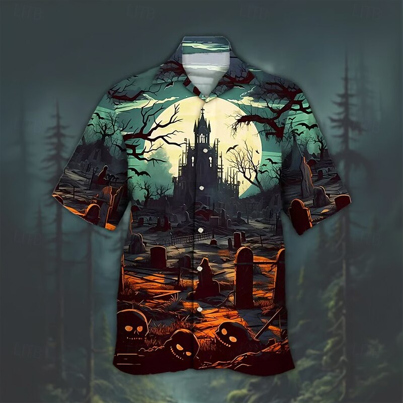 Halloween Men's Pumpkin Haunted House Halloween Costumes Shirt Cuban Collar Shirt Button Up Shirt Short Sleeve Dark Punk Gothic Style Holiday Streetwear Summer Camp Collar Shirt 3D Print Blue Green3