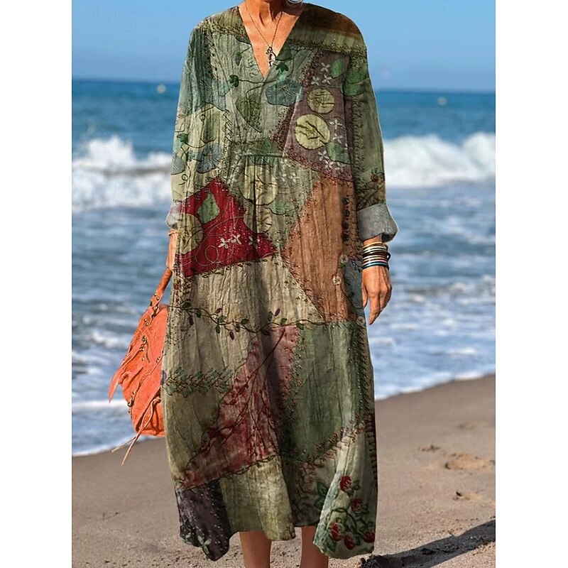 Women's Maxi Dress Sundress A Line Dress Vacation Casual Boho Party Holiday Beach Loose Fit Floral Graphic Geometric Long Sleeve V Neck Yellow Red Fuchsia Orange Summer Spring Fall4