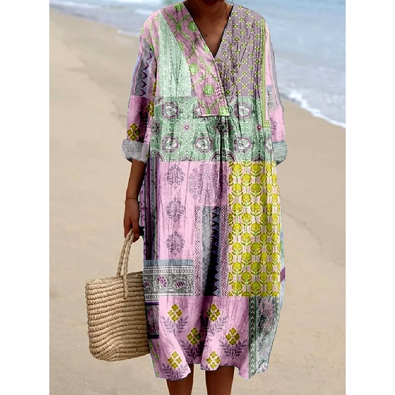 Women's Midi Dress Casual Dress Sundress A Line Dress Vacation Casual Boho Party Holiday Beach Loose Fit Floral Graphic Abstract Long Sleeve V Neck Light Pink Light Green Purple Spring Fall4