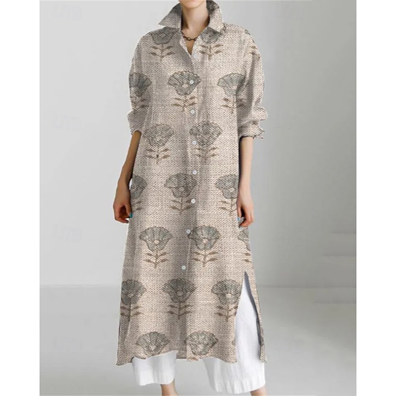 Women's Long Dress Maxi Dress Shirt Dress Casual Dress Print Dress Fashion Modern Daily Weekend Regular Fit Geometric Flower Long Sleeve Shirt Collar Yellow Red Blue Khaki Spring Fall2