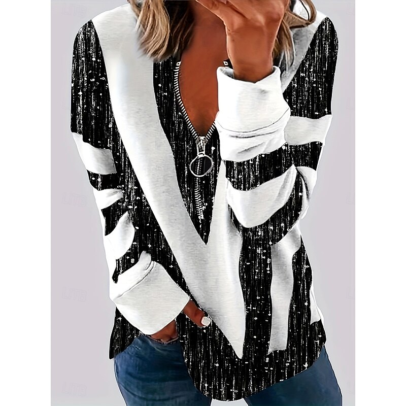 Women's Pullover Sweatshirt Zip Up Sweatshirts Graphic Geometric Striped Fashion Casual Long Sleeve Crew Neck Regular Tops Street Dailywear Zipper Half Zip Print Black Blue Green Spring Fall Winter4