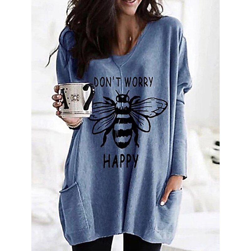 Halloween Women's T shirt Black Cat Graphic Fashion Long Sleeve Crew Neck Long Tops Daily Going out Weekend Pocket Print Black Blue Spring Fall2