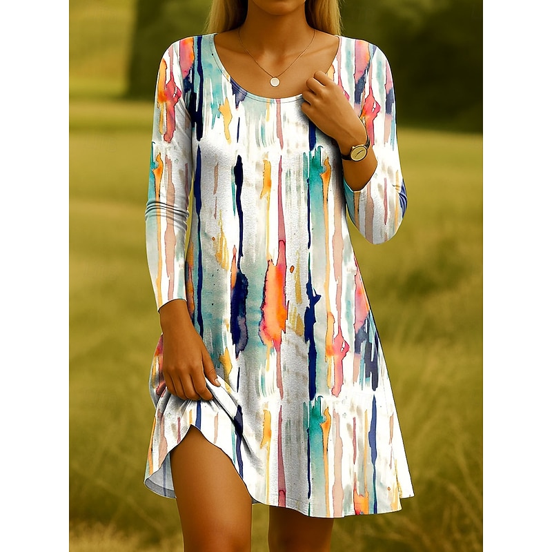 Women's Mini Dress Crew Neck Long Sleeve Knit Dress Casual Dress T Shirt Dress Tee Dress Casual Regular Fit Ombre Graphic Black White Blue Spring Fall Winter