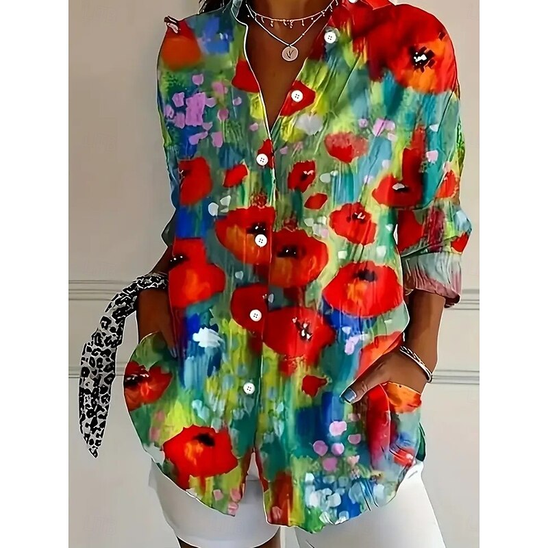 Women's Shirt Button Down Tunic Shirt Collar Long Sleeve Floral Graphic Vintage Tropical Stylish Regular Tops Work Daily s Print Red Spring Fall Winter3