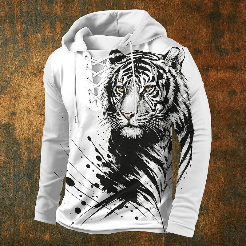 Men's Tiger Hoodie Sweatshirt Stylish Vintage Retro Hooded Streetwear Black White Drawstring Fall Winter Designer
