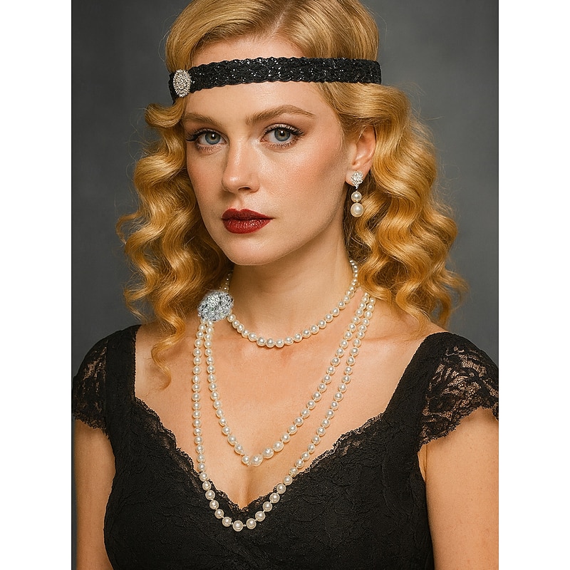 Women's 1920s Pearl Necklace and Earrings Set - Three-Layer Faux Pearl Beaded Jewelry with Rhinestone Brooch Detail, Vintage Gatsby Flapper Style Accessories for Cocktail Parties, Weddings and Themed