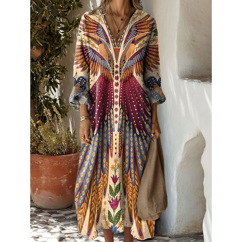 Women's Maxi Dress Sundress A Line Dress Vacation Casual Boho Party Holiday Beach Regular Fit Floral Graphic Geometric Long Sleeve V Neck Yellow Red Blue Orange Summer Spring Fall