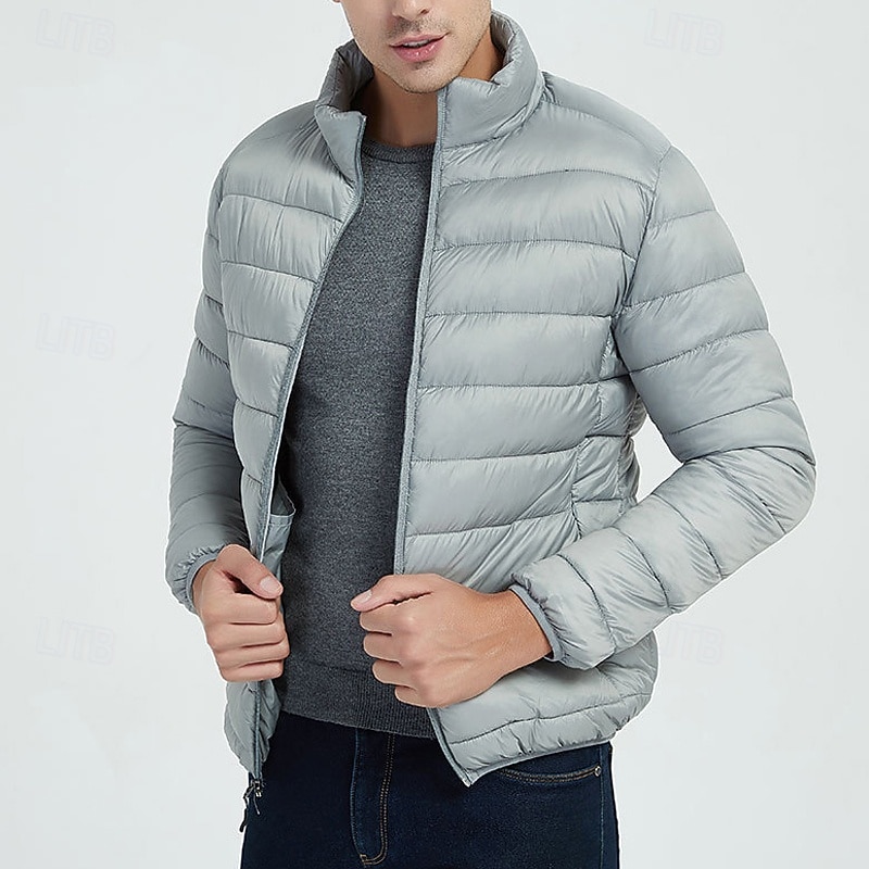 Men's Winter Coat Puffer Jacket Padded Jacket Pocket Polyster Vacation Daily Wear Date Regular Fashion Casual Comfortable Thermal Warm Winter Solid / Plain Color Dark Grey Black Navy Blue Light Grey4
