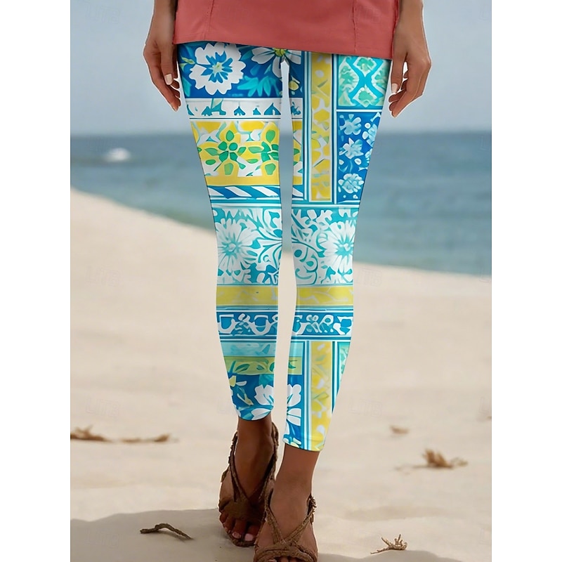 Women's Pants Trousers Leggings Ethnic Style Casual Full Length High Waist Floral Elastic Waist Print Breathability Comfortable Stretchy Vacation Street Daily Wear Royal Blue Blue Summer Spring Fall