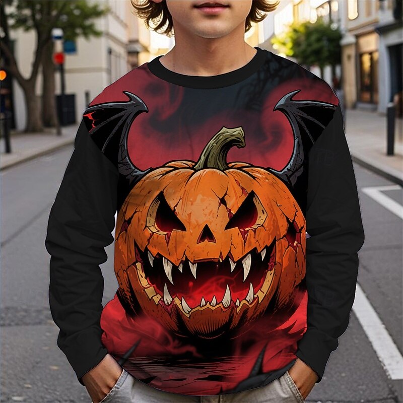 Halloween Boys' 3D Skull Pumpkin T shirt Tee Long Sleeve Spring Fall Fashion Basic Kids 4-12 Years Crew Neck Outdoor Casual Daily Regular Fit