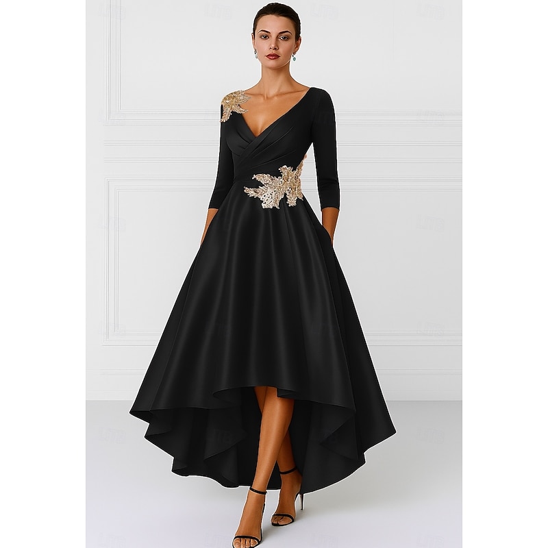 Black Red A-Line Mother of the Bride Dress Elegant V Neck Asymmetrical Satin Long Sleeve with Appliques