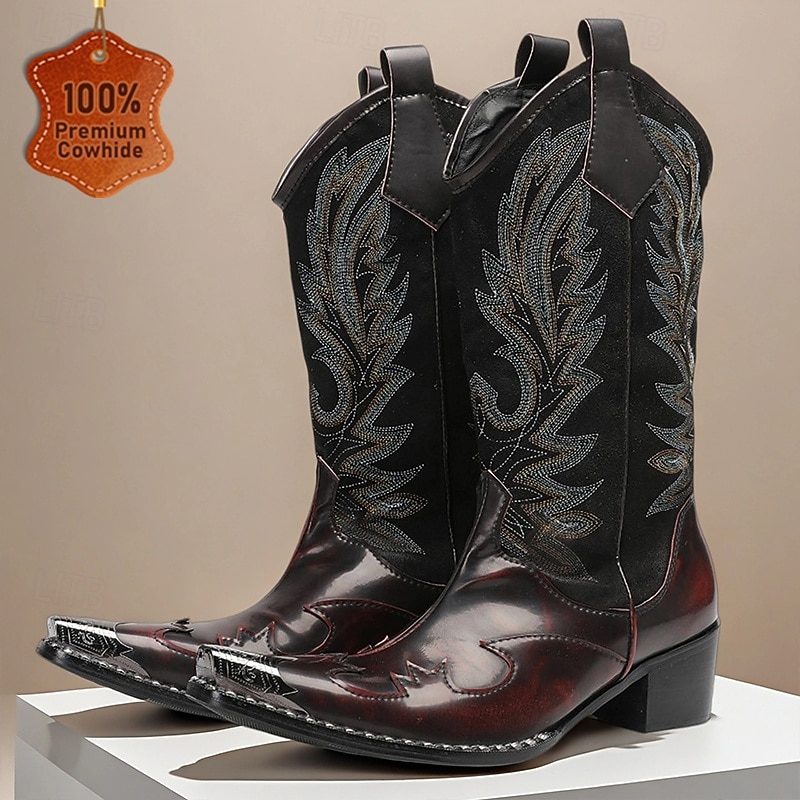 Men's Burgundy and Black Western Boots – Classic Two-Tone Cowboy Boots with Embroidery for Ranch Wear, Rodeos and Country Weddings