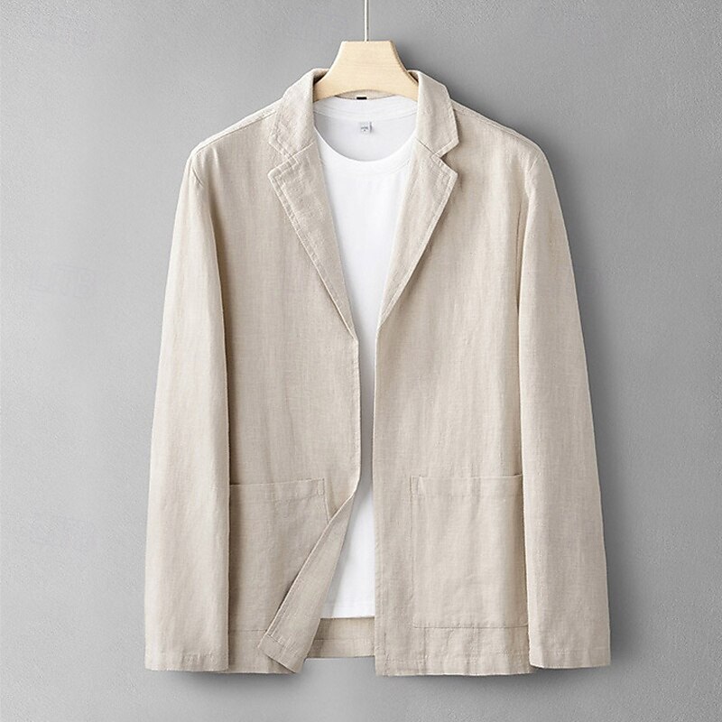 Men's Linen Blazer Blazer Business Cocktail Party Wedding Party Fashion Casual Spring Fall Linen Cotton Blend Plain Pocket Buttons Comfortable Single Breasted Blazer Navy Blue Apricot Gray
